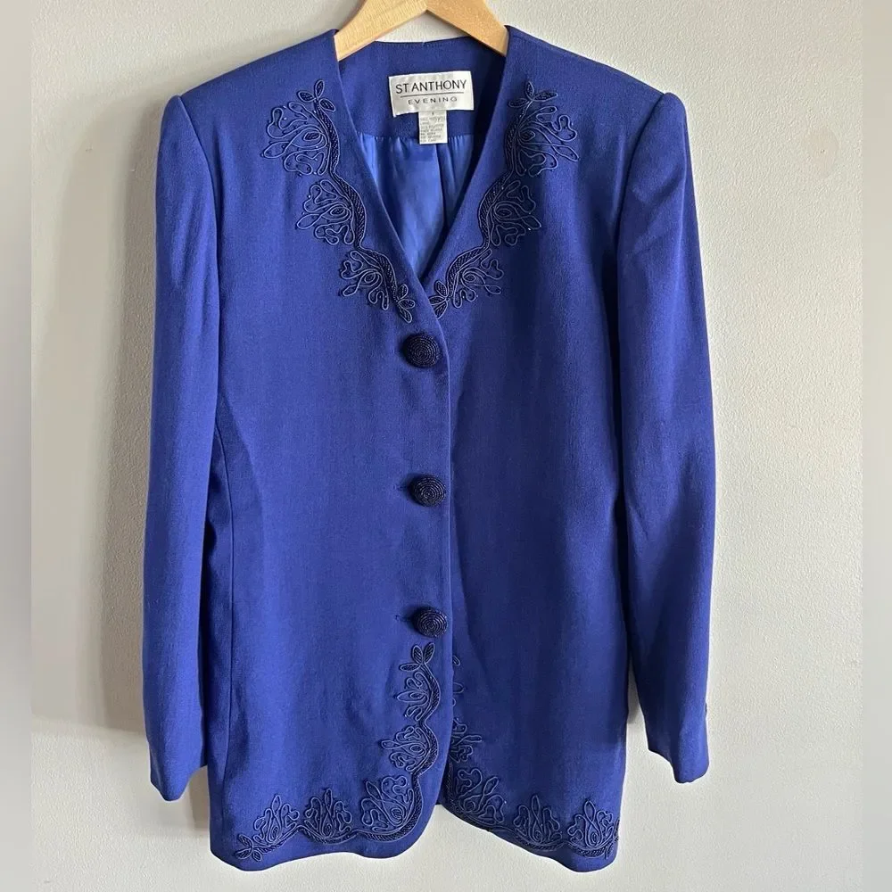 Vintage St Anthony Evening Blue Embroidered Blazer Jacket Wool Size 8